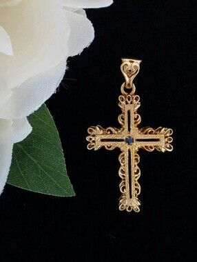 Vermeil 18k Gold Over Sterling Silver Veronese Ornate Cross Pendant w/ Sapphire